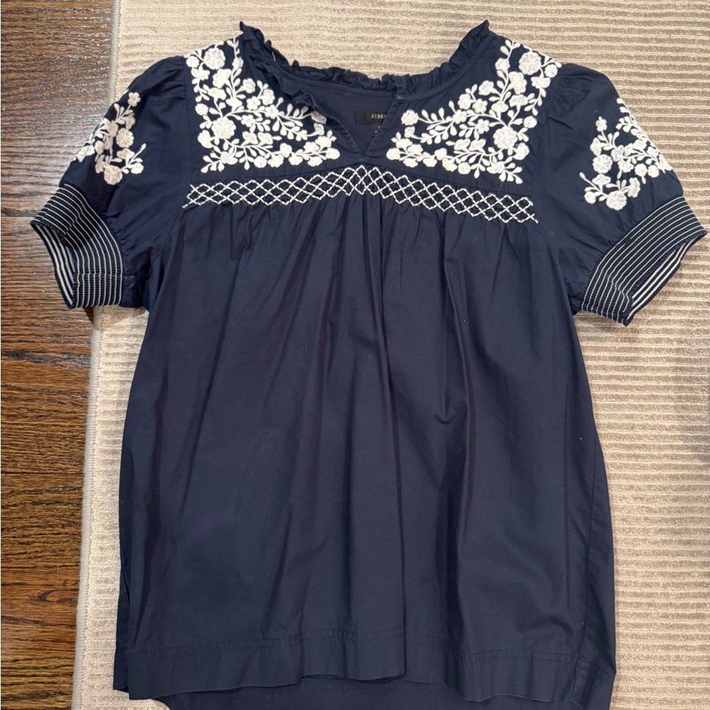 J. Crew Dark Blue Blouse with Cream Embroidery